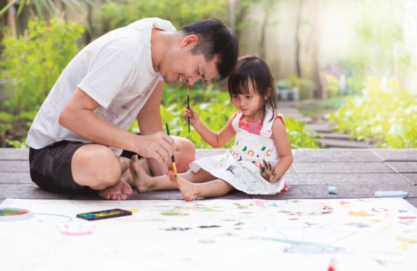 Father painting with his daughter outside.